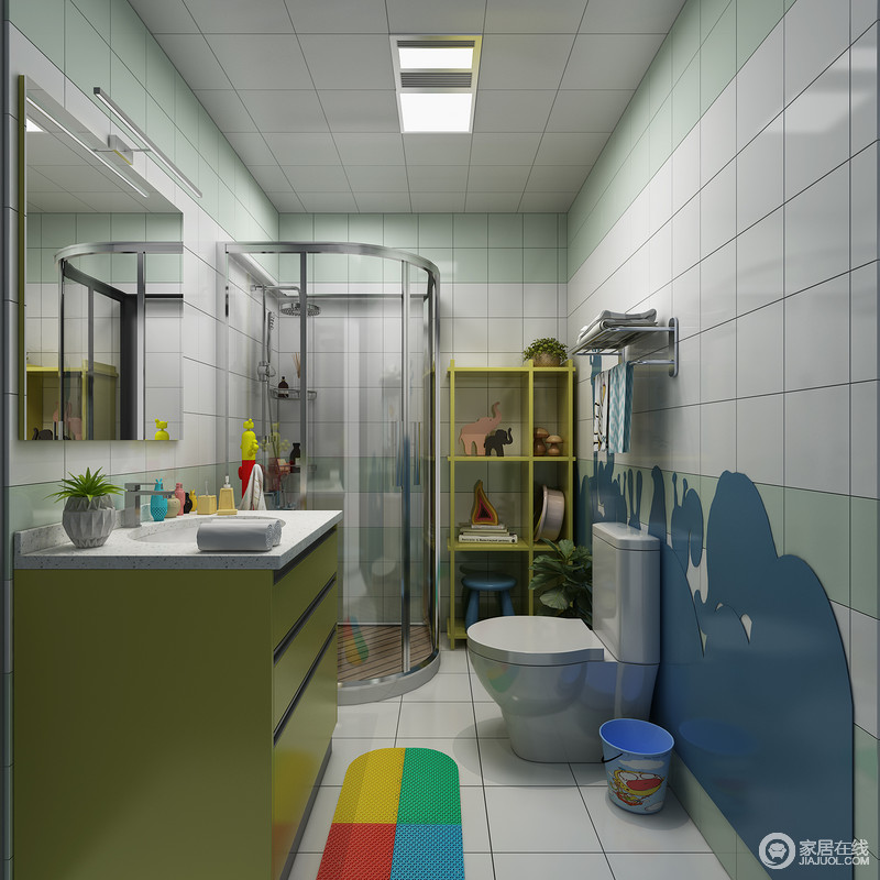 淋浴房空间一直有着不好看，收纳小的通病，利用淋浴房边的小角落打成收纳柜增加储物，设计成彩色增加童趣感。