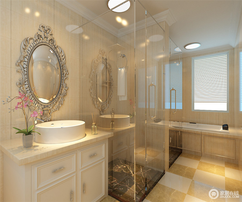 洗手间的布置以淡雅黄为主，搭配射灯，显得简洁清新。没有太多中式元素，以现代简约为主，为了契合整个空间设计的“圆”的主题，使用了中古描金镜作为了点缀元素。