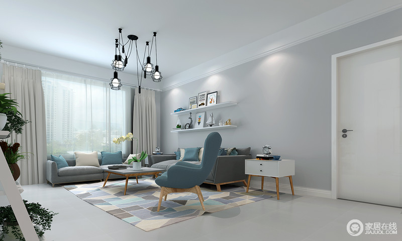 灰蓝色调和谐搭配，让北欧风变得温暖而独特。墙面与沙发色彩递进、点缀的靠包与沙发椅呼应、材质拙朴温和的木质、设计现代的黑色吊灯，构筑出美好静雅的客厅。