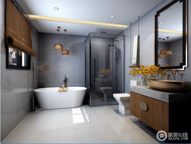 浴室的主色调为灰色，为了让空间有层次感，在浴室柜和灯饰等装饰上使用了原木色和金色调，让空间更有对比感。