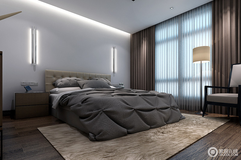 卧室主要以驼色和灰色为主，比起空间的颜值来说，健康指数更是用户关心的，设计师以冷静的色调来装扮空间，更能让人享受沉寂的时光。