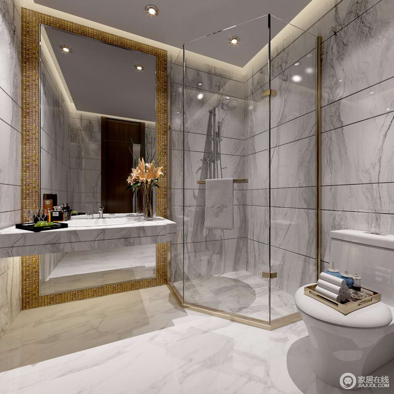灰色大理石的卫浴间以简洁和纯净来与自然接近，黄色马赛克墙面的镜饰提亮空间的同时，增加了空间的玻璃质感，硬朗中更显整洁。