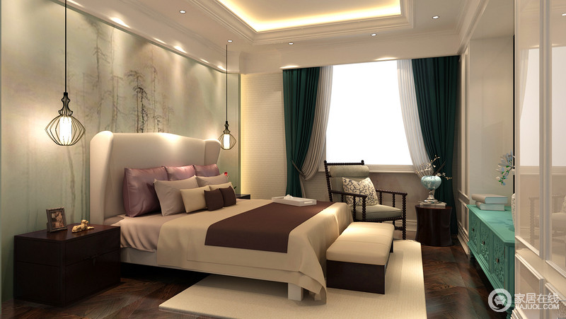 卧室以深色调的的实木地板为主，彰显了主人稳重的而又不失情趣的个性；形质简易的吊灯对称出现代的光感，让卧室更显柔和。