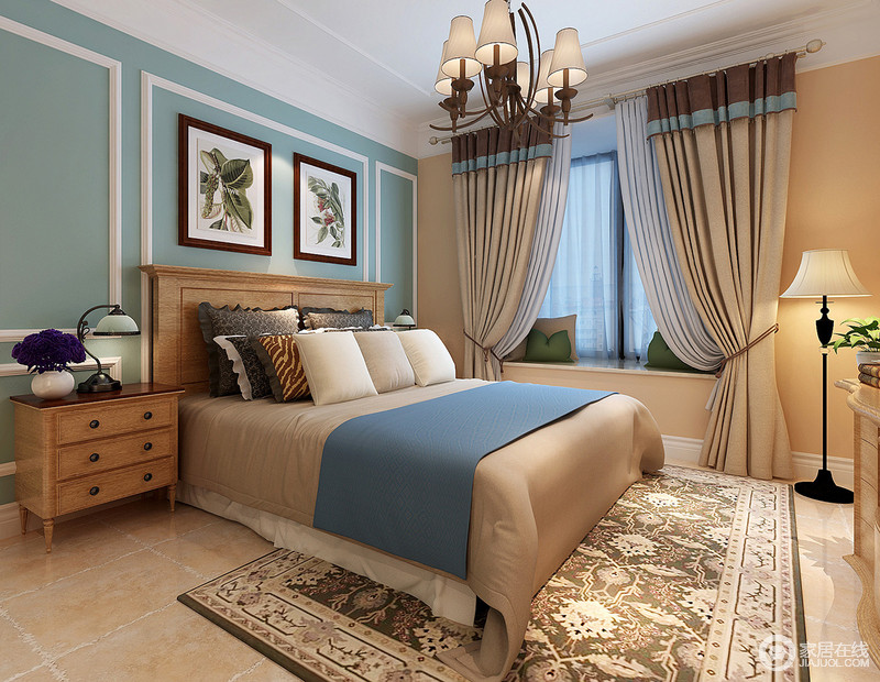 清爽纯净的天蓝色与温馨的暖黄、浅驼色，成为卧室的主打色调，共同缔造出恬淡高雅的休憩环境。简约的空间布置中，印花繁复的地毯，则为空间装饰出田园般的浪漫情调。