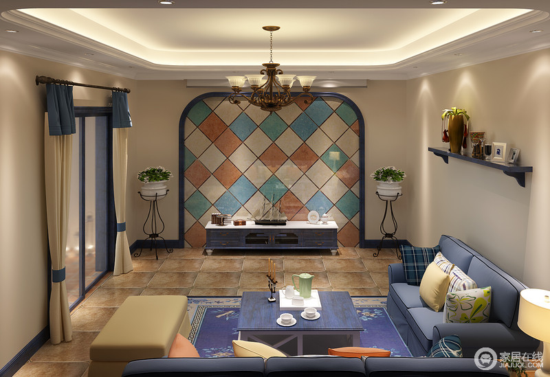 办公型菱形彩色拼砖打造的背景墙，令这个有着仿古感的空间多了些色彩的悦动；蓝色系布艺沙发、地毯和茶几营造了优雅清爽的氛围，更能让人放空和独享静谧于空间。