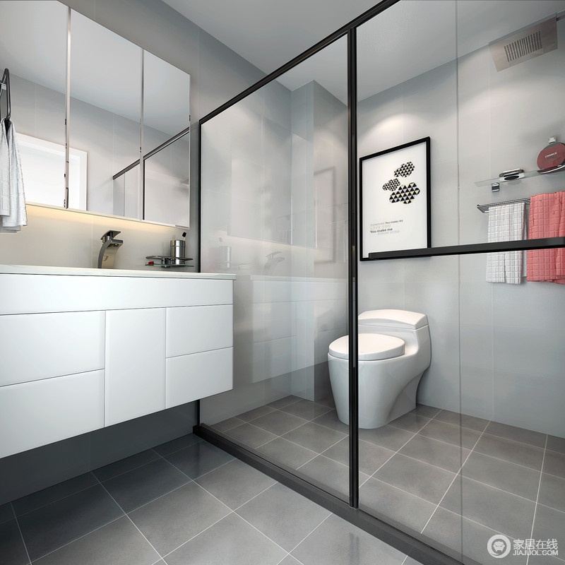 黑、白、灰经典的配色，使卫浴空间显得干净而清爽。通透的玻璃与灯带营造的镜面相互折射，放大了空间视觉。悬空的白色盥洗台储物柜，便于下方的清洁工作。