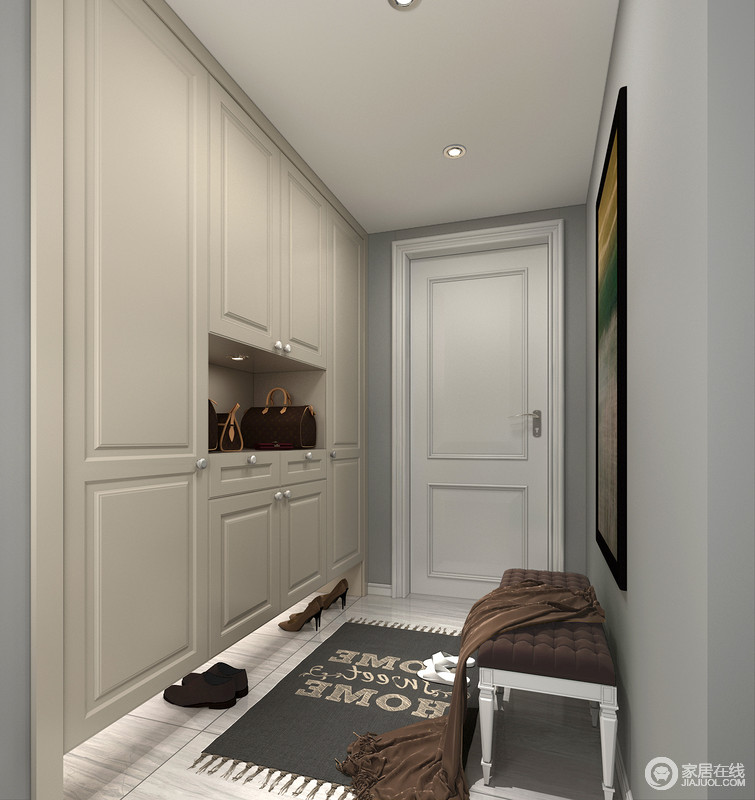 通过式门厅预留尺寸的户型可用内嵌式门厅柜解决，强大收纳功能隐于无形，将更多尺寸留给狭窄的通过式走廊。