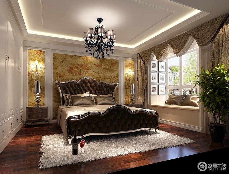 卧室，复古的灯饰为室内增添不少的时尚，和奢华