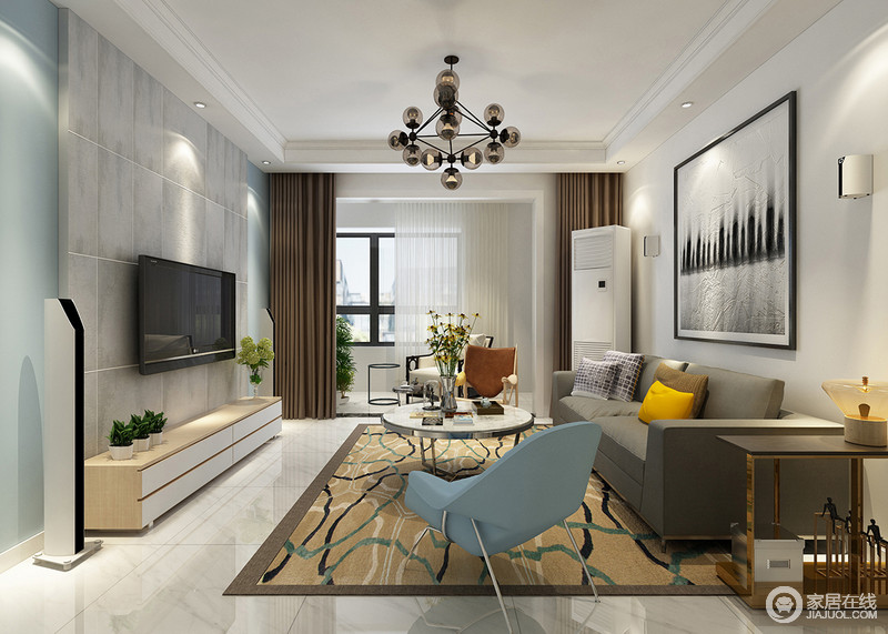 客厅以灰色沙发、大地色曲线地毯和黑白风景画勾勒出中性大气，白色地砖反射出光线增加了空间的明亮度，并与简约的家具形成以少胜多、以简胜繁的效果；精秀的茶几及边柜彰显着现代艺术的个性。