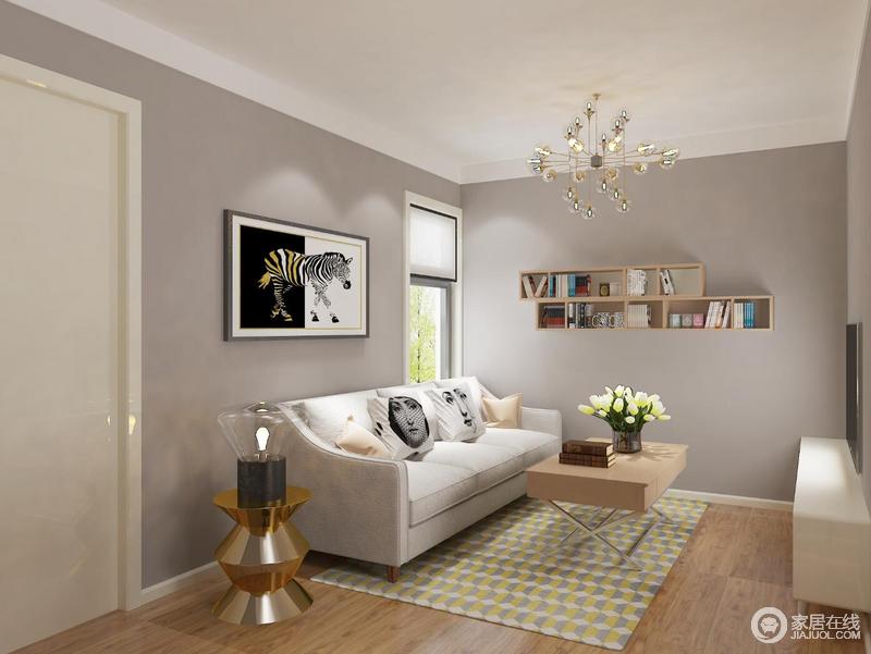 沙发采用了北欧风常用的灰色布艺沙发，以枕头作为点缀色，为空间增添了一丝亮点。四周墙刷成了灰色，让整个空间显得更加干净。