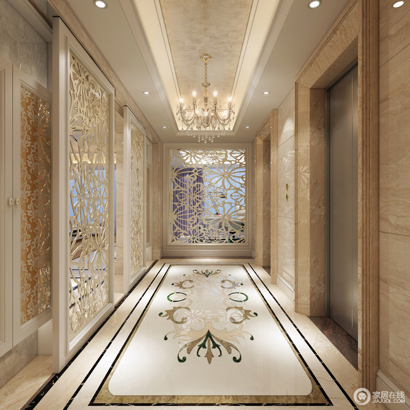 走廊中借用雕花屏风来进行空间过渡，精致的花纹无疑成为优雅的装饰，与地面拼花形成美轮美奂的视觉效果，演绎着古典的奢华和雅韵。