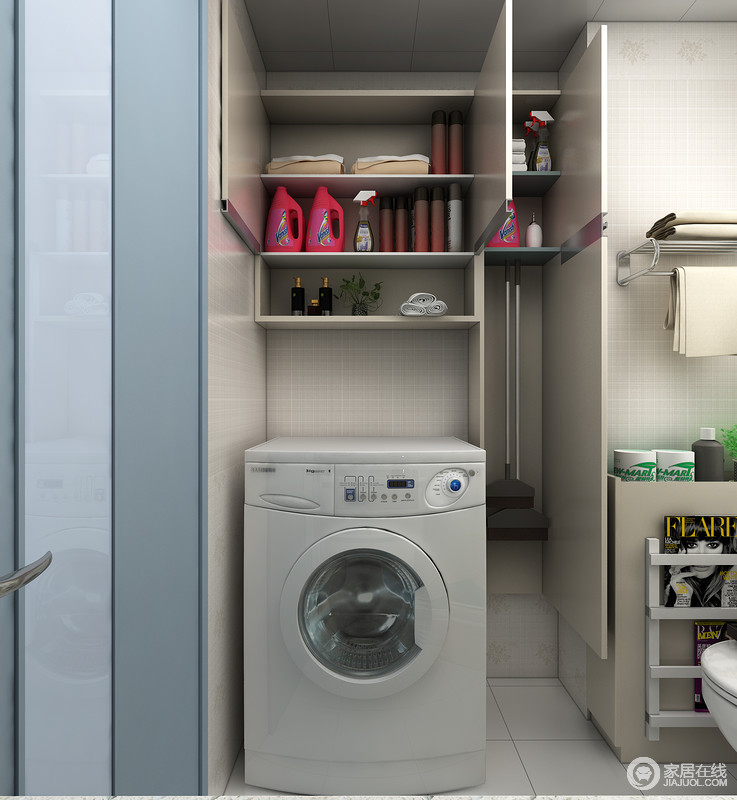 马洗衣机吊柜+工具柜是设置合理的利用了洗衣机周边的空间，又提供了强大的收纳空间，可以放置衣架，洗衣粉，和一些家政工具等。
