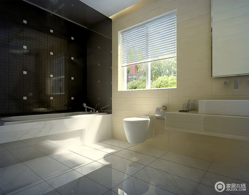 卫浴间以简洁的形式将功能呈现出来，悬挂式盥洗台与米色墙面沉积着温和；而白色地砖和矩形围筑的浴缸区因为黑白相间的墙面对比出层次，也因为简约的设计而实用，渲染出时尚。