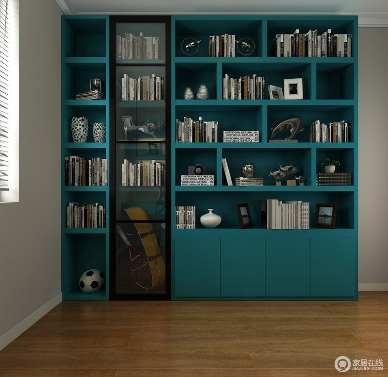 书房结构规整，米色漆粉刷墙面，与原木地板以暖色营造空间温馨，而绿色书柜几何设计实现了强大的收纳功能，也以几何设计让空间更具实用性。