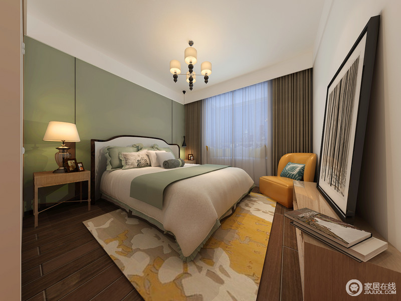 卧室以“青春的力量”为设计主题，正面背景墙被渲染成绿色，并在白色床品上加以点缀，满是清新翠意；黄色图形地毯和沙发以明艳与璀璨，让空间暖意洋洋，与实木家具搭配出和煦清新。