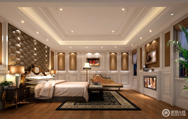 卧室的墙面采用拼接式样，白色的墙板立体性强，填充棕褐色的墙漆，规整节奏中有着温和静谧的温馨舒适；床头绗缝装饰细密的演绎，床品素雅淡然，典雅空间富有轻盈浪漫格调。