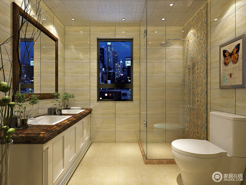 卫浴间淡黄色的砖石辉映出一个大气的设计，为了增加空间的利用率，设计师利用干湿分区来规划空间，没有多余的装饰，却让盥洗台和淋浴区足以够用，生活也尤为便捷。