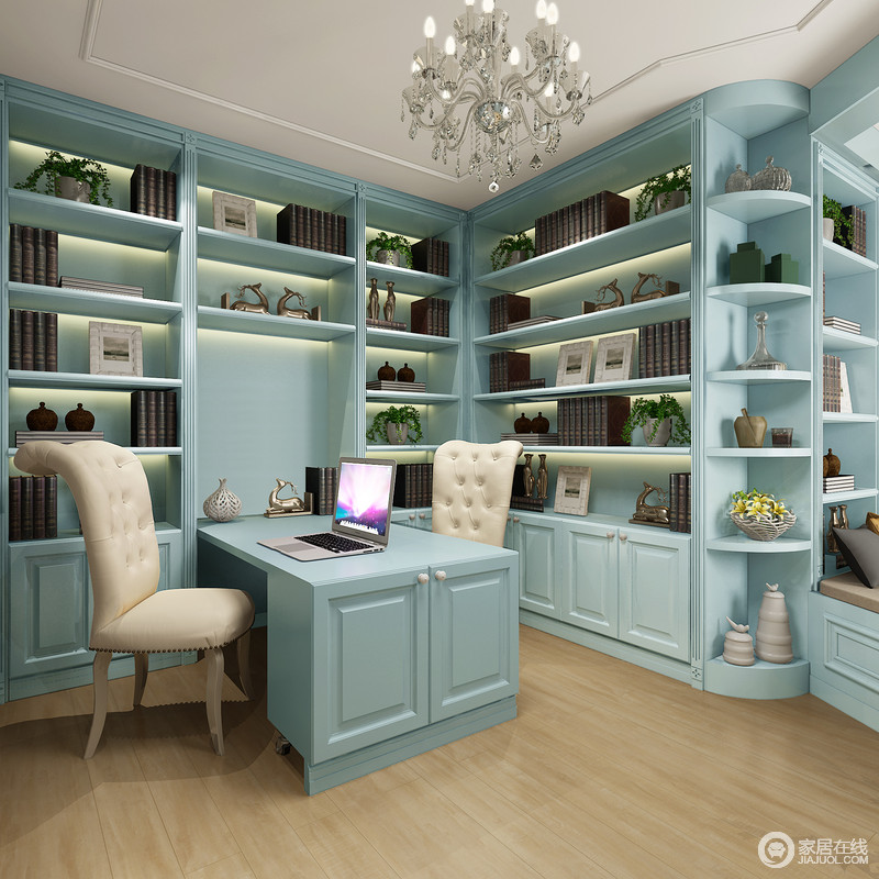 书房内定制得蓝色简欧书柜以L型释放强大的储物功能，而简欧书桌搭配欧式桌椅，让主人在简奢之余，享受宁静。