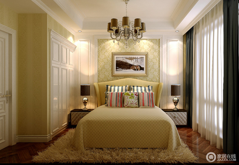 卧室主要利用黄绿色来表达青春活力的主题，看似布局简单的空间里有序的倾诉着设计与生活的妙语，令卧室显得矜贵。