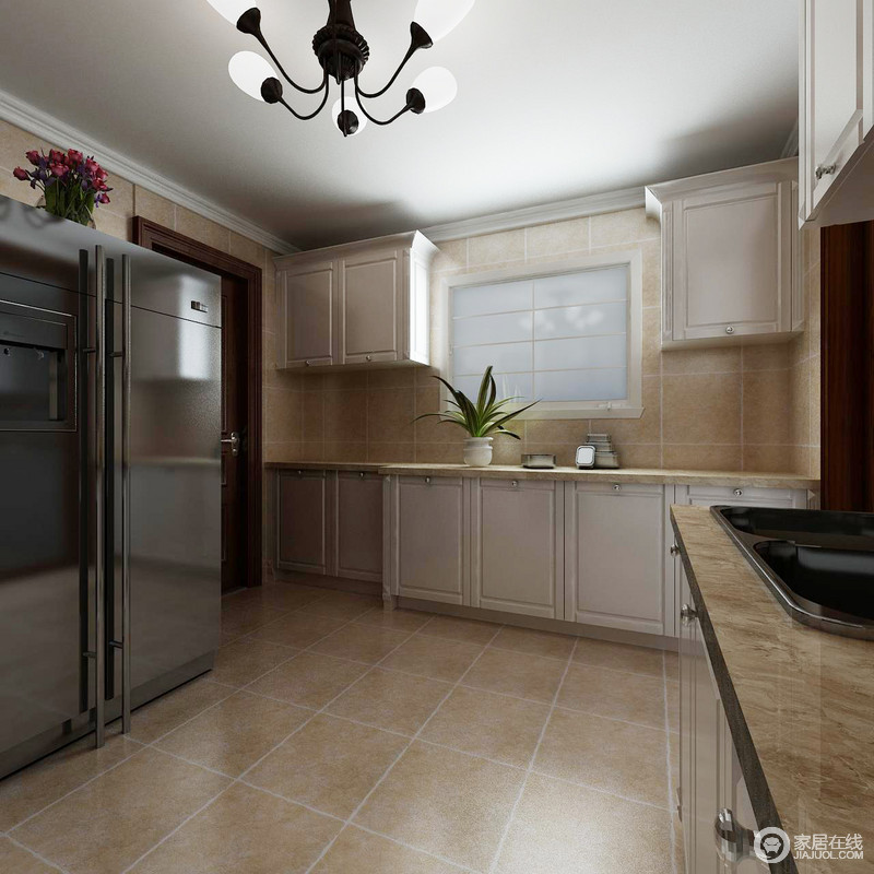 厨房的整体结构规整，浅灰色仿旧砖从墙面到地面令空间显得淳朴，砖石的防水耐磨特性让打理也更为简单；白色橱柜和玄关柜一应俱全，同时，让空间简洁实用。
