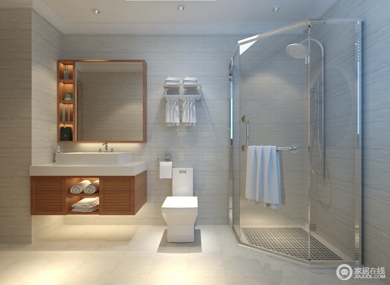 洁白的卫生间整洁如新、一尘不染，黄木元素的加入为白色调的空间增加了质感和温润。