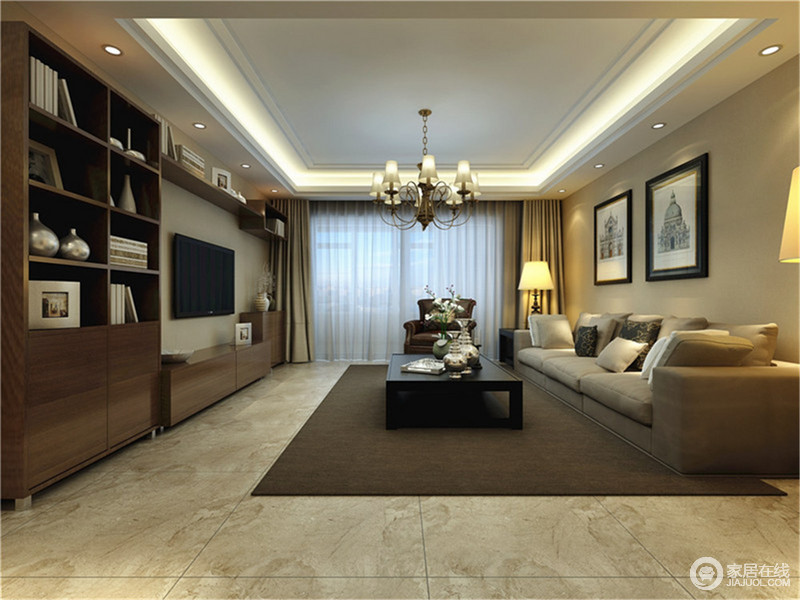 纯净柔和的米色背景散发出温暖的气息，米灰色沙发像是与墙面融为一体，棕褐色环绕型实木收纳柜与纯粹地毯色调呼应，空间展现出优雅的气质和内敛含蓄的温柔。