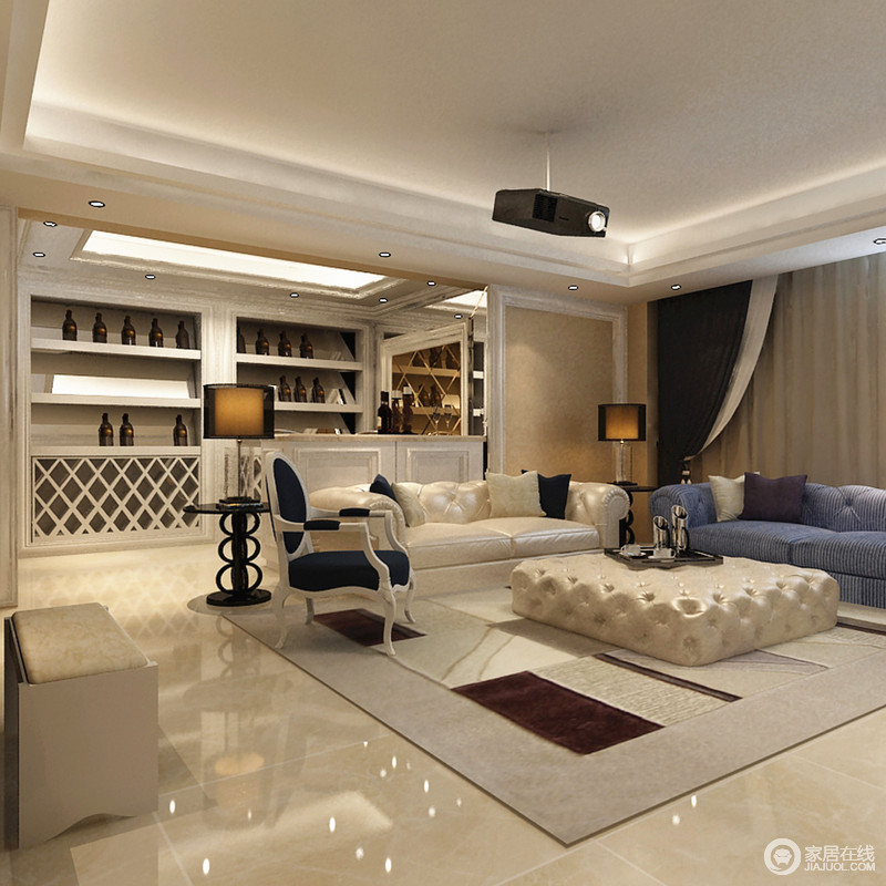 淡黄色的客厅中色调单一，乳白色的罗马式沙发将轻贵族范儿体现在充满清悦的空间。