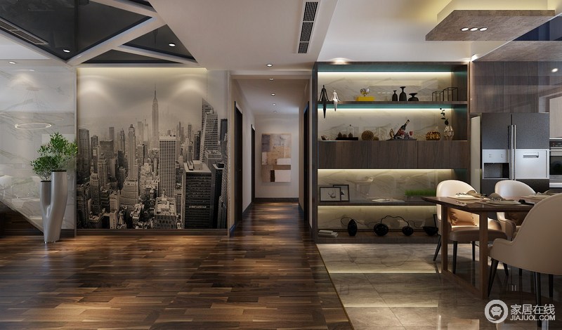 餐厅与客厅因为走廊自然分开，在加上木地板和瓷砖以材质强调空间的独特性；黑白城市缩影图与几何收纳柜让空间将实用与美学兼柔并续，展现了一种陈列之美。