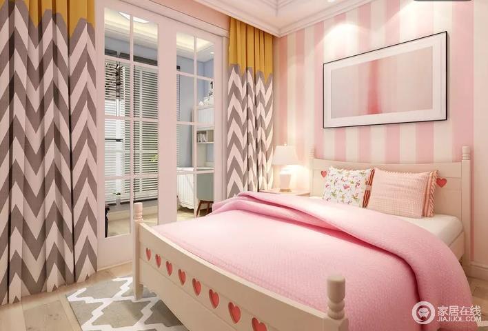 儿童房的设计以粉色为主，窗帘软装搭配温馨自在 ，是小孩房子的首选。