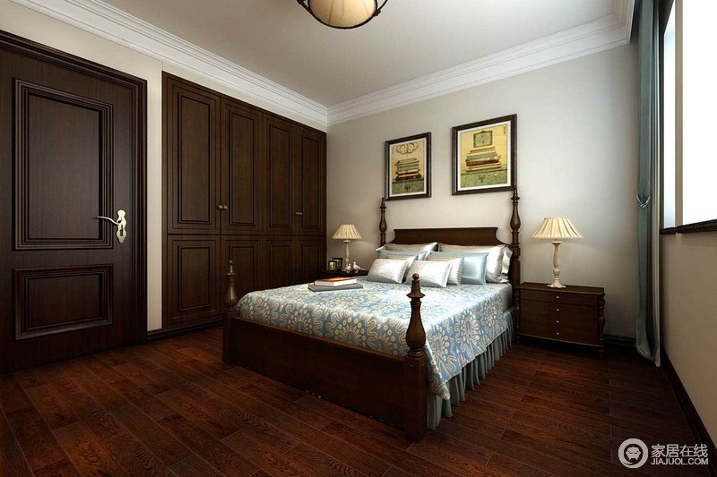 灰色的墙纸让空间显得端庄雅气，厚重感的木门与衣柜嵌入墙体，与灰色墙面形成互补之势。蓝色美丽、冷静、理智应用在床品上、抱枕上和窗帘上，彰显安详的睡眠环境。