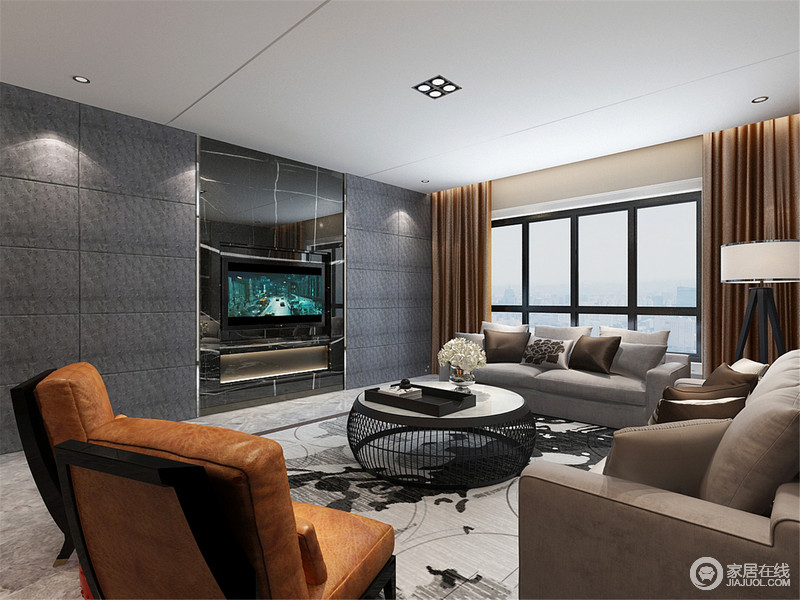 客厅的背景墙做成一个几何的立面，把电视机嵌入其中，既中正大气，也赋予空间灰色高冷范儿；中性调的沙发组合因为橙色单人椅有了生机。