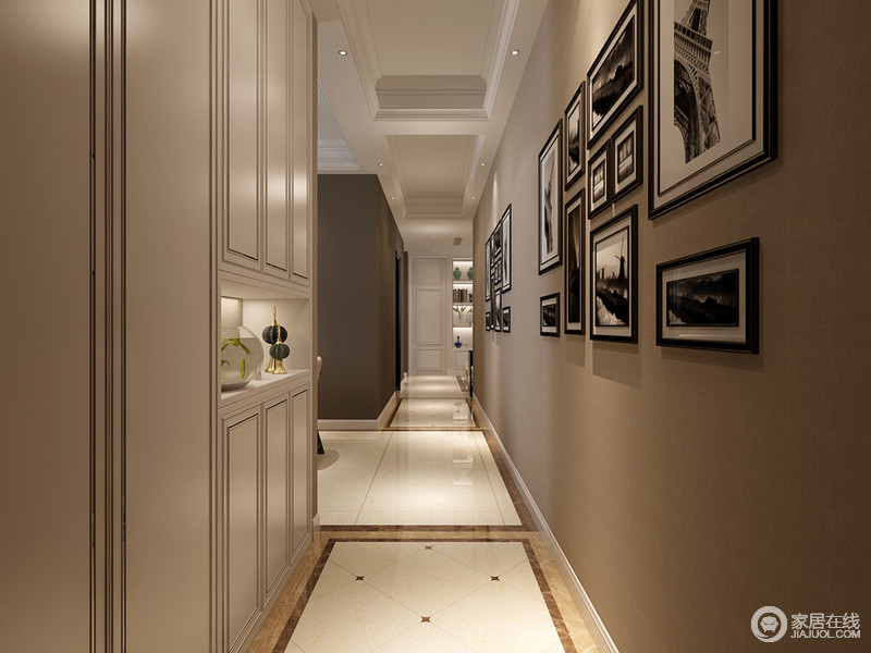 从入户门厅进入，驼色背景与白色衣柜形成色调上的深浅对比，线条的勾勒与挂画的不规则装饰，打破走廊的单调感，塑造出质感艺术文化气息的空间气质。