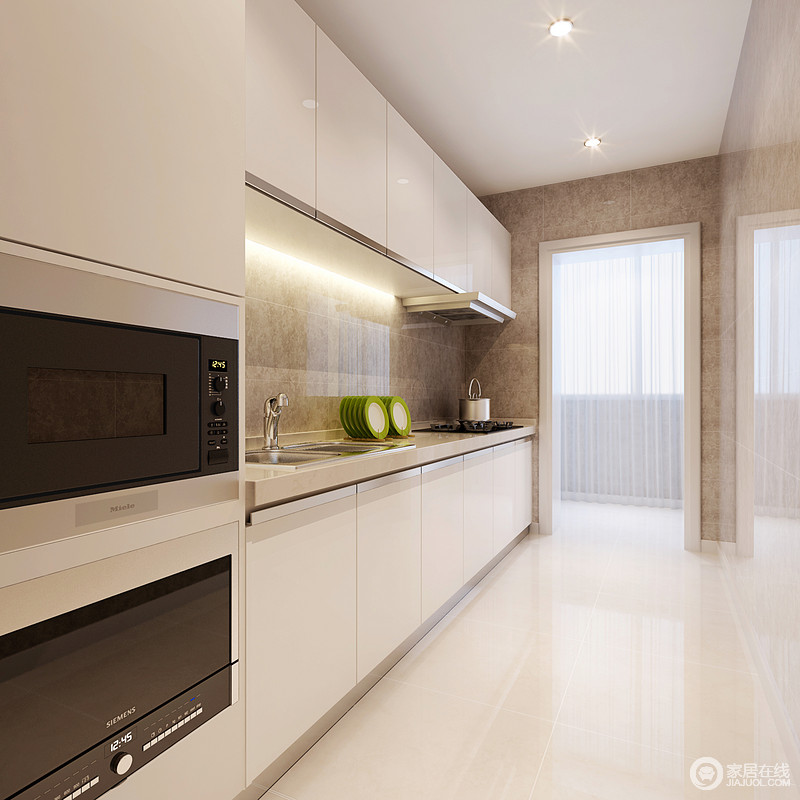 厨房省去了诸多的造型，单单以简洁地白色橱柜将实用哲学体现出来，电器嵌入其中显出科技感；灰色墙砖与白色地砖呈色彩对比，素简之余，带来更多的实用。