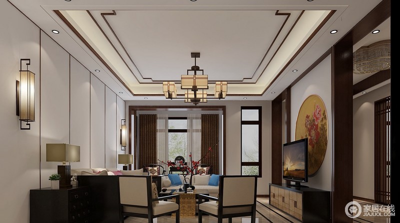 客厅，吊顶、家具多用硬朗的线条气势恢弘、壮丽华贵、高空间、大进深