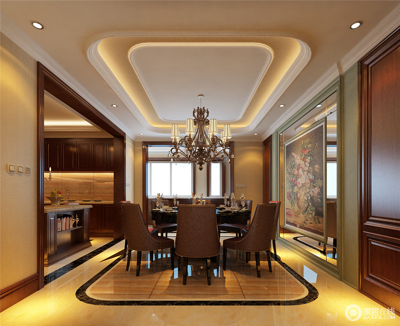 半开放式的厨房正对着餐厅，形成一种餐厨整体性。棕色皮质沙发椅与橱柜的颜色互相映衬和呼应。弧圆的吊顶与地板褐色线无形中划分出功能区，渲染了和谐统一的用餐氛围。