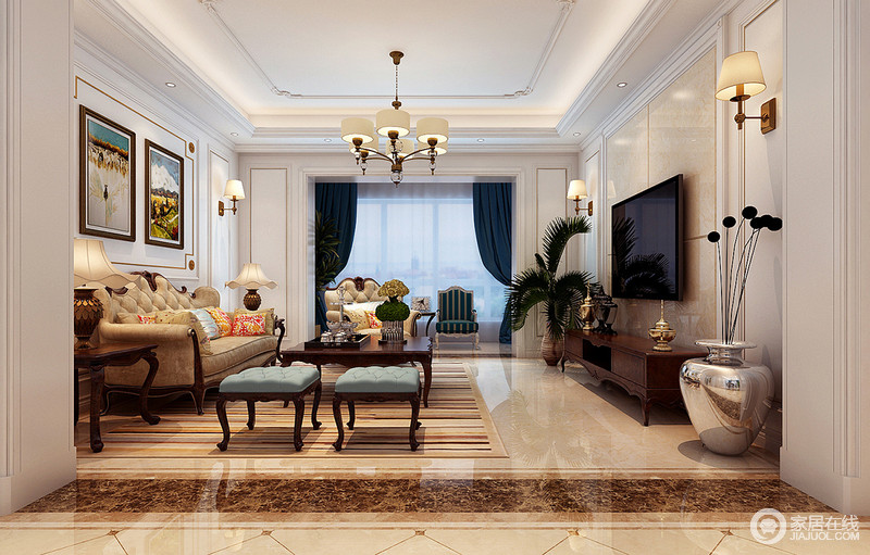 客厅墙面做了白色墙板装饰，丰富的线条装饰出规整感。复古情调的家具，色调清新淡雅。黄蓝色调中加入缤纷印花与条纹，使空间视觉更加丰富多层次。