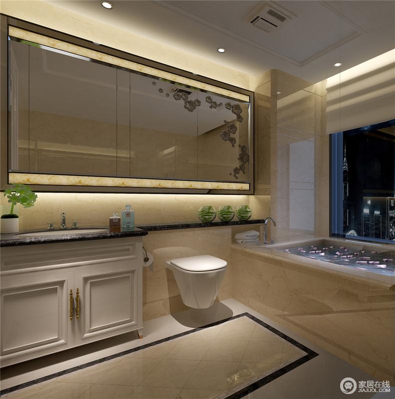 卫生间在靠窗的位置安装了浴缸，让主人在沐浴之时，也能欣赏夜色；盥洗柜整面墙因为内藏的灯带，让镜面的通透赋予生活干净、利落。