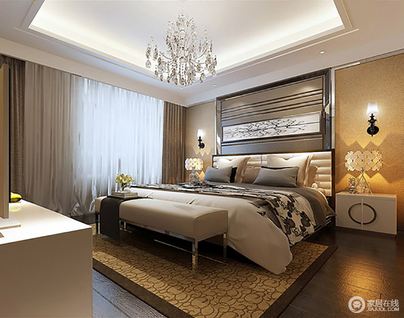 花式地毯彰显出现代尊贵，质感上乘的床品凸显出生活的质感，通过设计卧室的高品质被烘托出来。