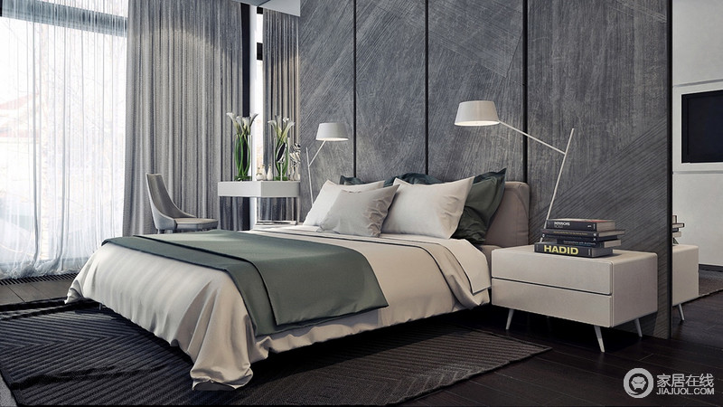 表达在豪华的灰色纹理,卧室采用白色和米色的灰色