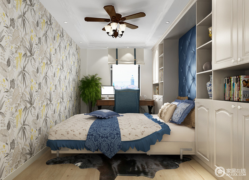 卧室以舒适为主，素色花卉壁纸搭配蓝色纽扣背景墙，在简单和复古之中，平衡出一种精致；而定制得书柜位于两侧，既满足生活收纳，又让空间得体大方。