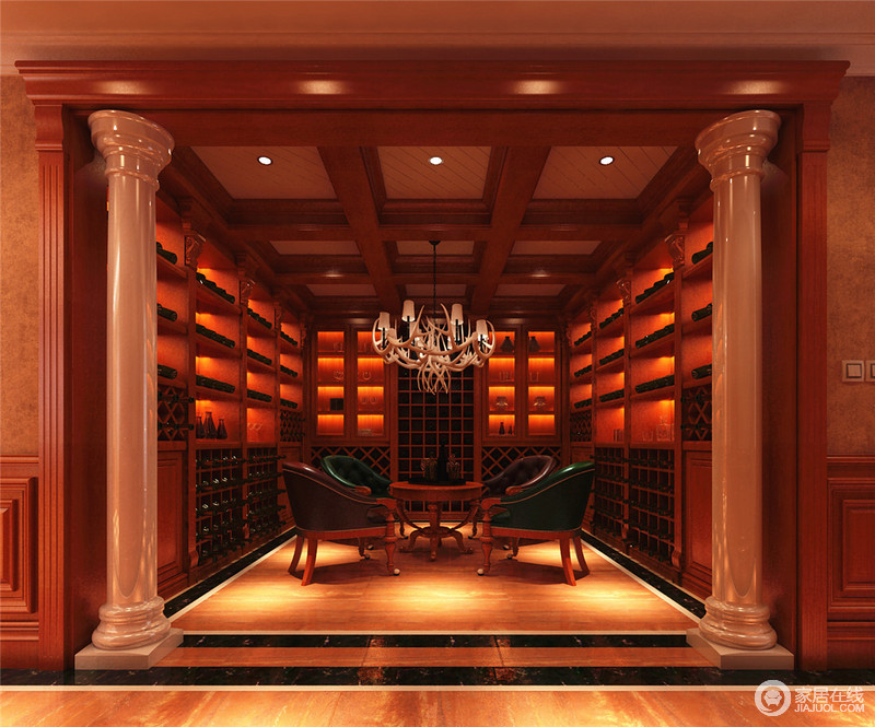 私家酒窖是品质生活的象征，更是财富和文化品位的彰显。深棕色很好的衬托出酒窖的韵味与雅致。罗马柱极具气势的作为门厅装饰，原木质感酒架，全方位的强收纳，整个空间被装点的静谧且有情调。