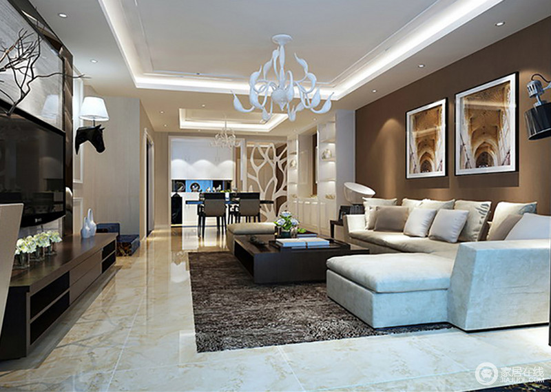 线条笔直的现代家具美观时尚，利用驼黄色及灰白的沙发等色彩来营造出空间的层次感。