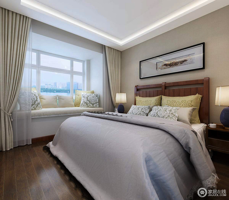 卧室主要以功能性为主，可谓是“轻装修，重装饰”的一大成果，床品和飘窗上的靠垫纹样相同，为的就是营造一股自然的田园感，充满温馨与舒适。