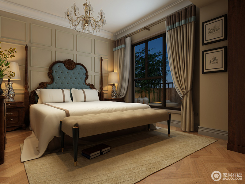 卧室中不论是除了床品为白色外，大量驼色的运用增加了空间中的中性沉稳调，也让空间更加经得起时光的历练。