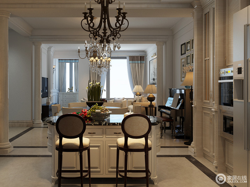 虽然家具呈白色，但是浅色营造出来的立体感更显精致，也表达出来自然、淳朴的美式生活。