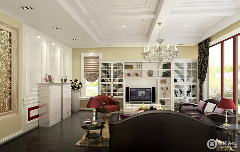 起居室既有复古情怀又具现代主义，清新米黄色打底，白色为辅，淡雅清爽中收纳柜体使空间立体感增强。红色家具的使用，将淡雅的空气中增添了几分微甜且优雅的气息。