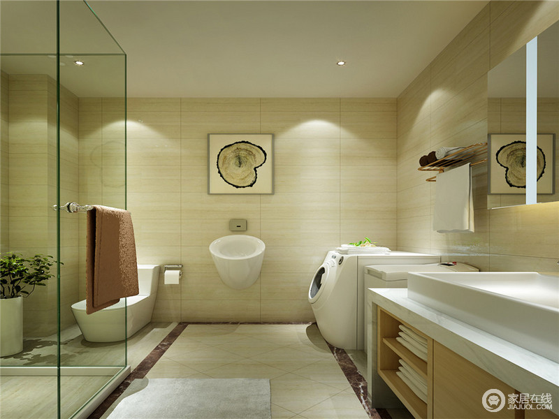 卫生间并未设计的古香古色，反而更具现代简约风，通过玻璃材质规划出干湿分离区，使卫浴空间时刻保持干爽；将家电安置在卫浴里面，合理使用空间。
