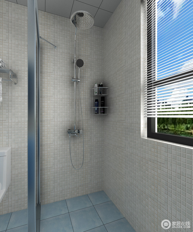 卫生间通过玻璃淋浴室解决干湿的问题，浅灰色墙砖更为耐脏，五金件的配置，让沐浴也更为舒畅。
