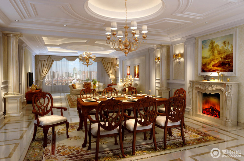 餐厅延续了主客厅的空间风格，充满巴洛克风格的典雅欧式，在西方油画般的色调中，展现出奢华富丽。光线的点、线和面的营造，更添空间上的通透和精致感。