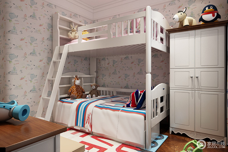 儿童房里主色为白，通过童趣的摆件及软品来装饰出时髦又带感的空间。